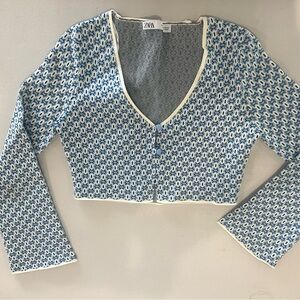 Zara Blue and Cream Cropped Cardigan